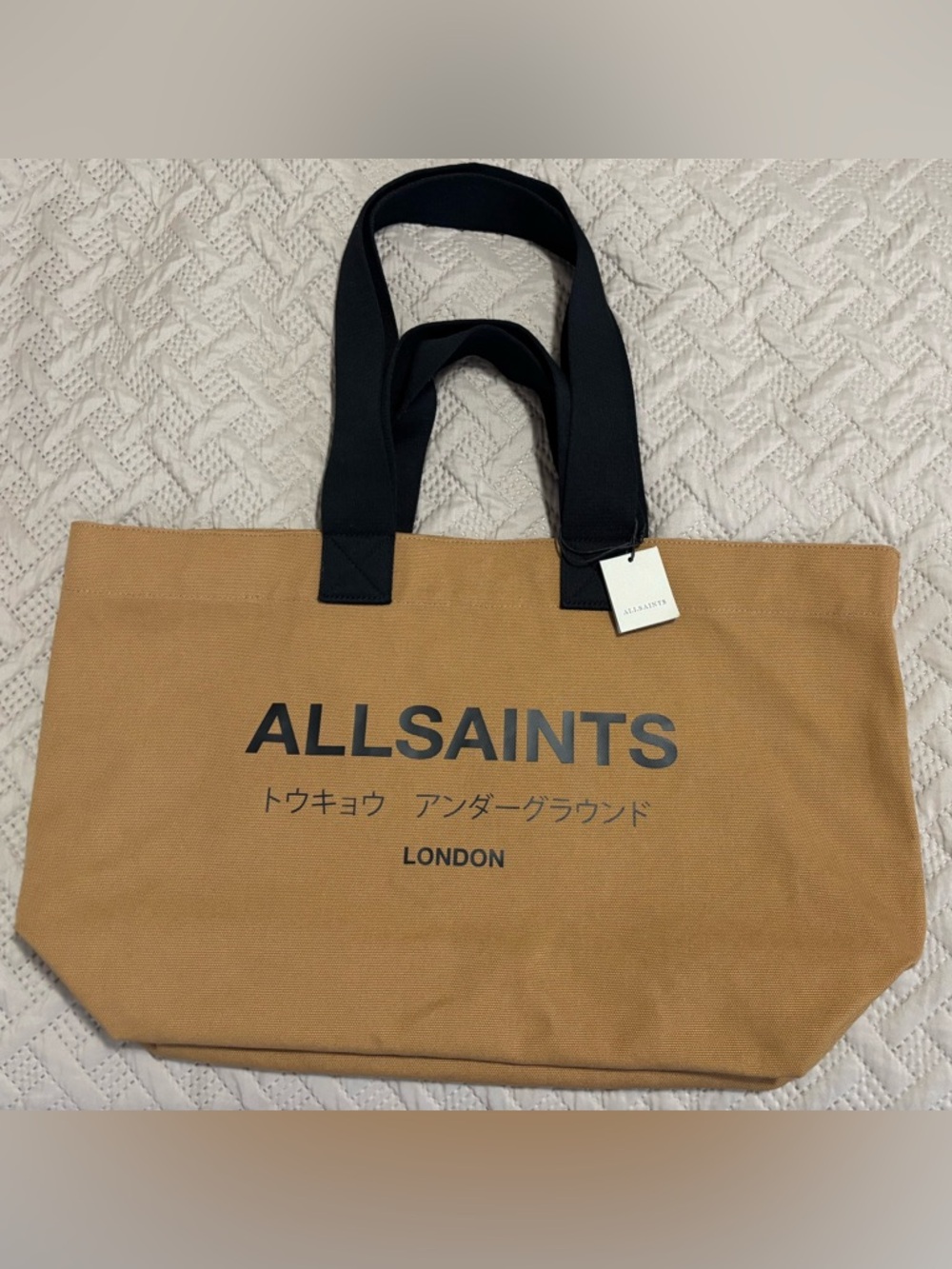 New with tags All Saints Tan Logo Canvas East/West Tote with Black Handles